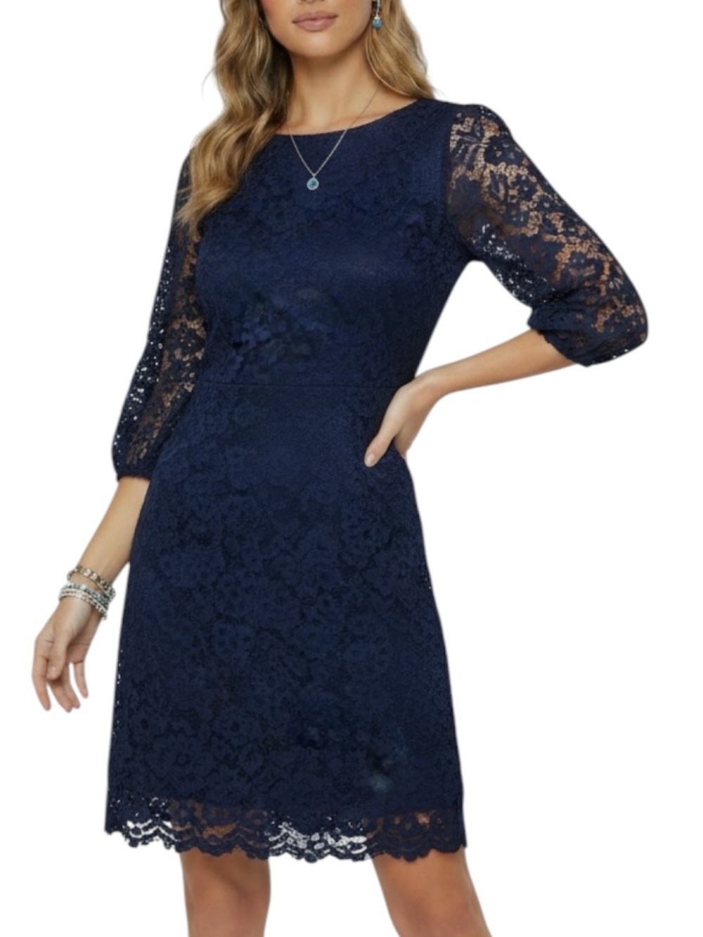NWT VINCE CAMUTO Blue Lace 3/4 Sleeve Zip Back Lined Sheath Dress Size 12